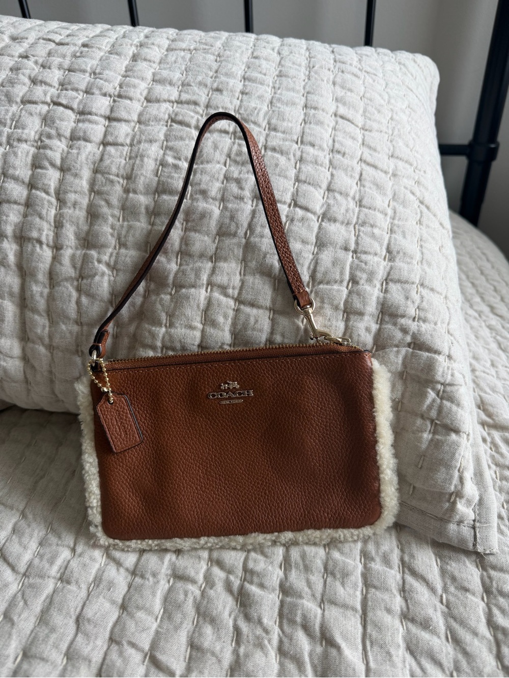 Coach Shearling Brown Pebbled Saddle  Leather Wristlet 7x4.25